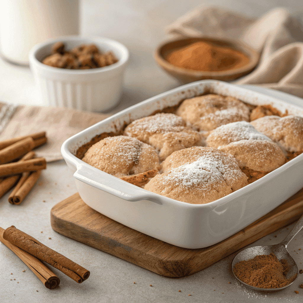 Whole baking dish of snickerdoodle cobbler with cinnamon sugar topping and syrupy edges