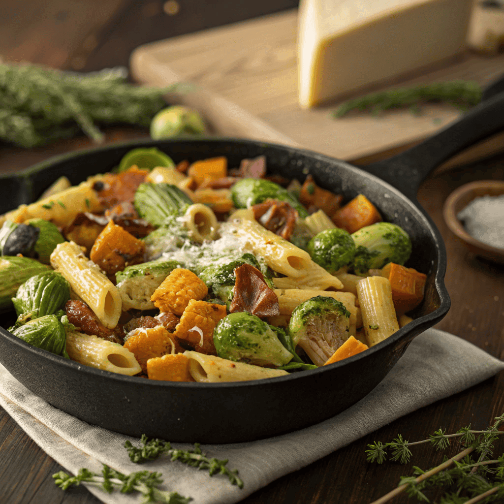 Whole skillet of pasta with roasted Brussels sprouts, butternut squash, bacon, and herbs