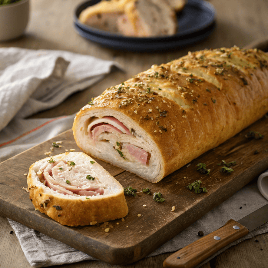 Whole chicken cordon bleu stromboli with sliced end showing cheese and ham filling.