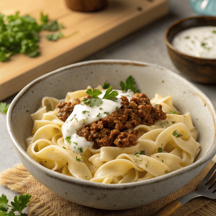 Full view of Arabic pasta with creamy sauce and spiced meat topping.