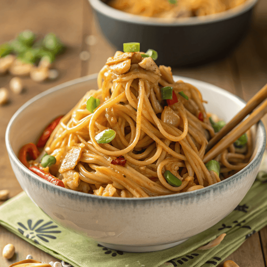 Full bowl of Thai peanut noodles with creamy sauce and vegetables.
