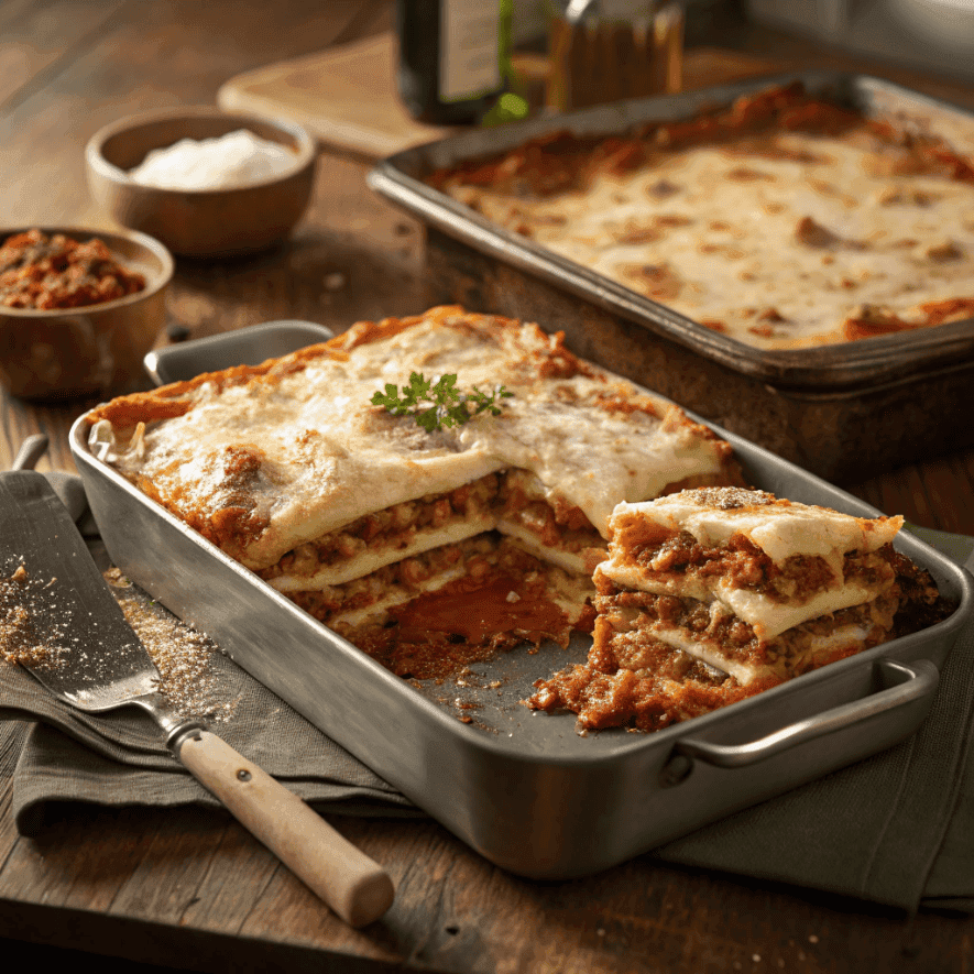 Whole lasagna dish with melted cheese and layered meat sauce visible.