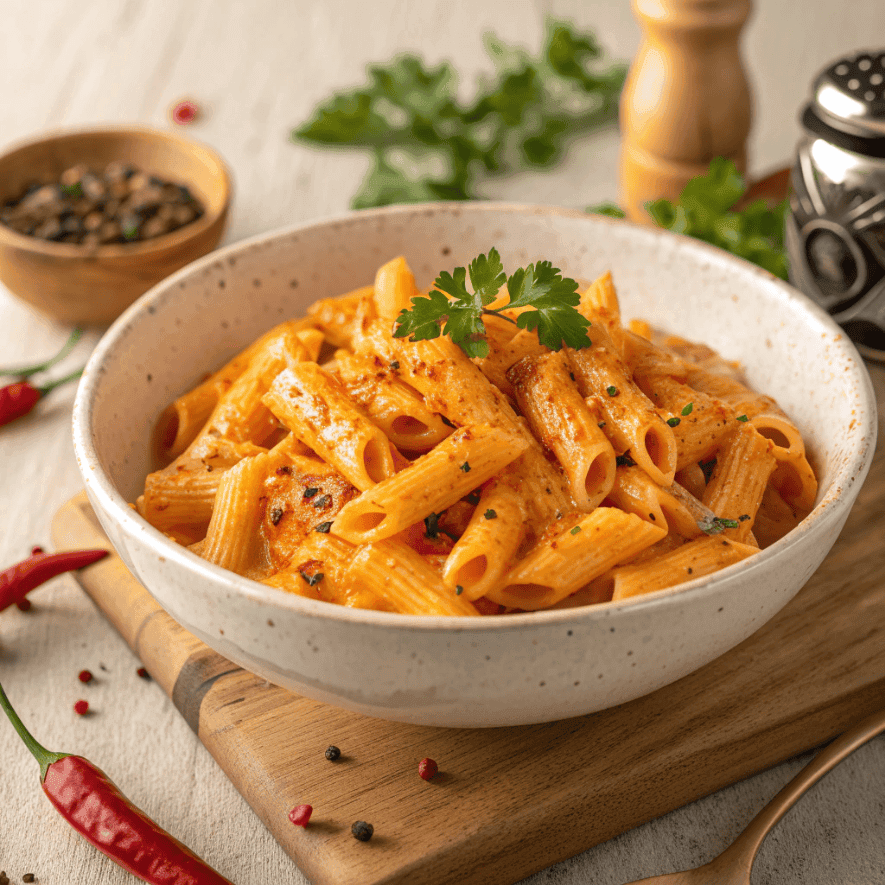 Full bowl of creamy rattlesnake pasta with penne and Cajun seasoning.