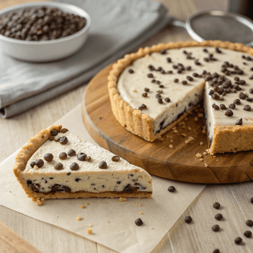 Whole chocolate chip cannoli pie with one slice removed showing creamy filling.