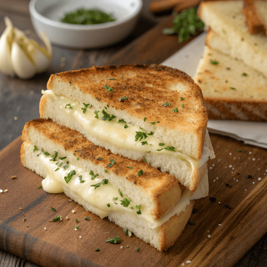 Whole garlic bread grilled cheese sandwich showing thick toasted bread and melted cheese layers.