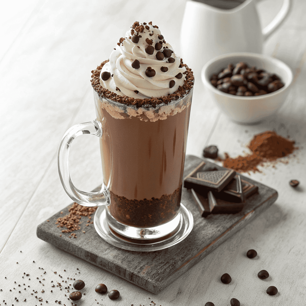 A full view of a Dirty Snowman drink topped with whipped cream, chocolate syrup, and chocolate sprinkles