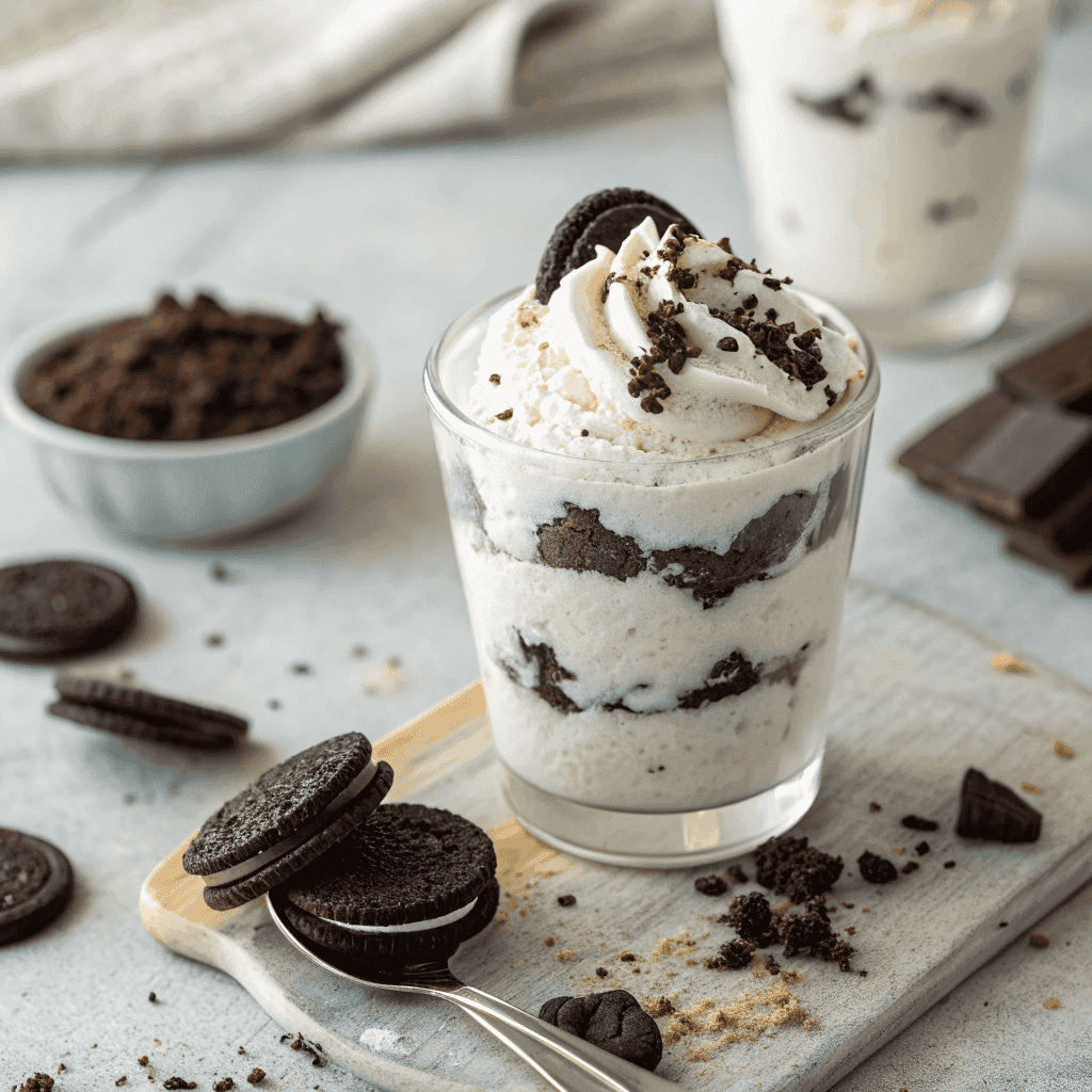 A full presentation of protein Oreo fluff in a glass cup with crushed Oreos and cookie garnish