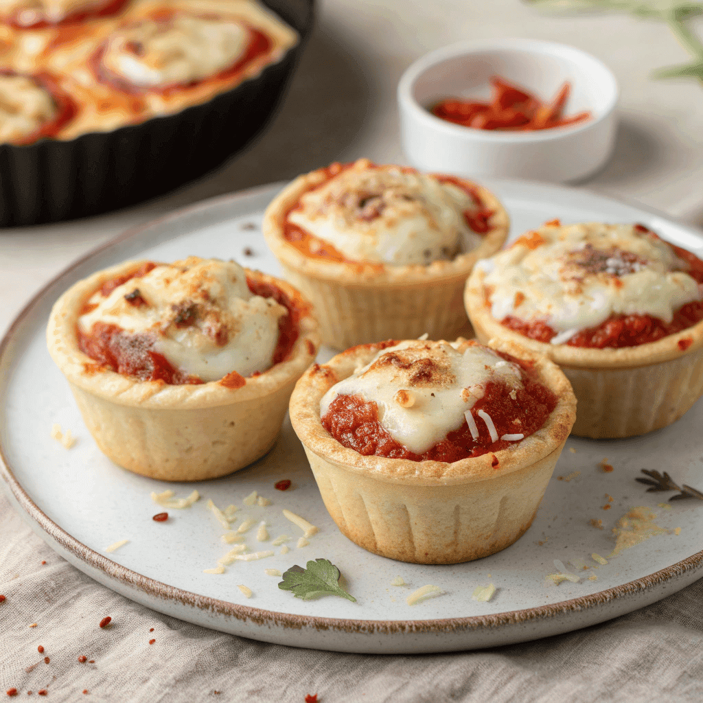 A full serving of pizza cupcakes with golden dough crusts, tomato sauce, melted mozzarella cheese, and light chili flakes