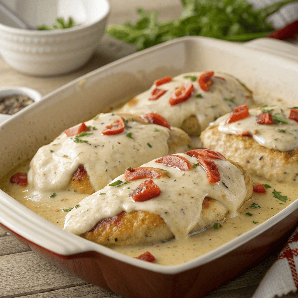 A full serving of baked queso chicken covered in creamy cheese sauce with peppers