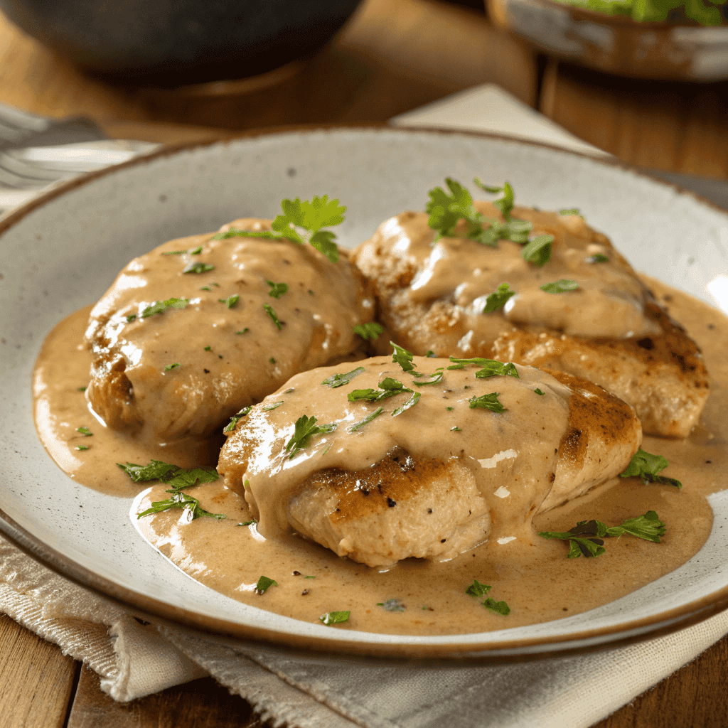 A full serving of Texas Roadhouse smothered chicken covered in creamy gravy and parsley