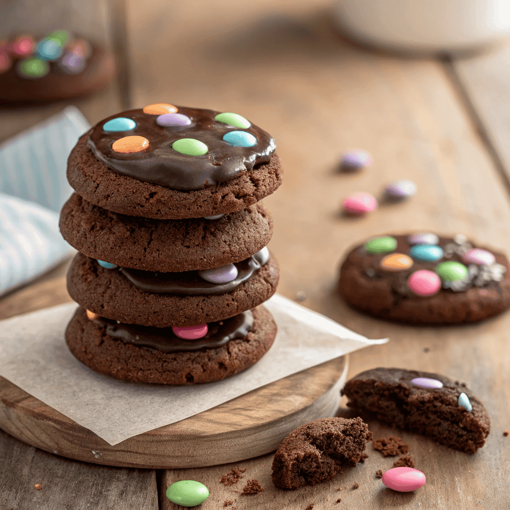 A full serving of cosmic brownie style cookies with thick chocolate texture, glossy frosting, and colorful candy toppings