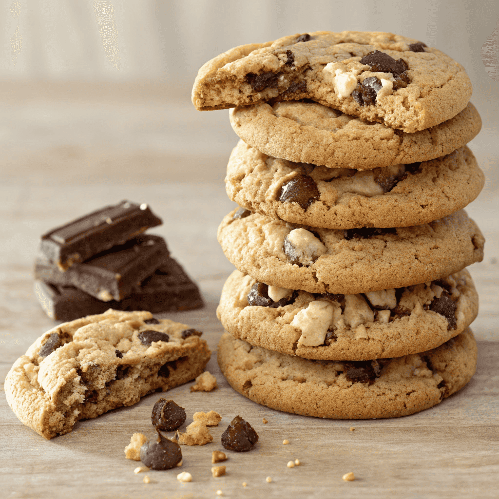 A full serving of Neiman Marcus cookies stacked together showing thick chewy texture and chocolate chunks
