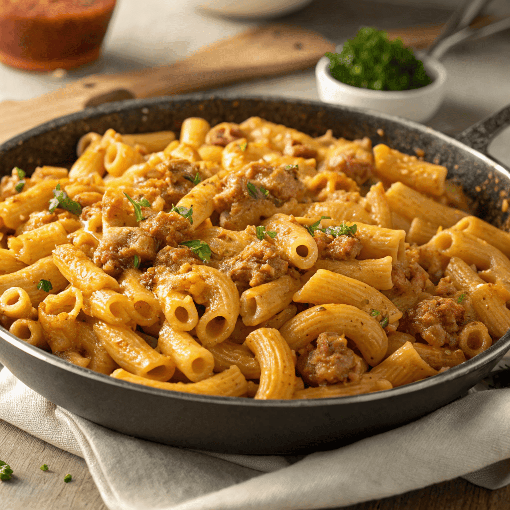 A full pan of makkaroni alla mamma with creamy meat sauce and short tube pasta