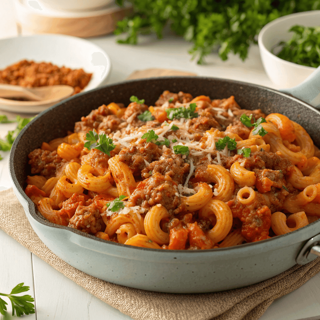 A full pan of beefaroni pasta with elbow macaroni, meat sauce, grated cheese, and parsley