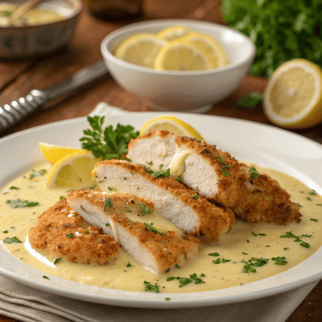 A full serving of lemon pecorino crusted chicken with creamy lemon sauce and parsley garnish