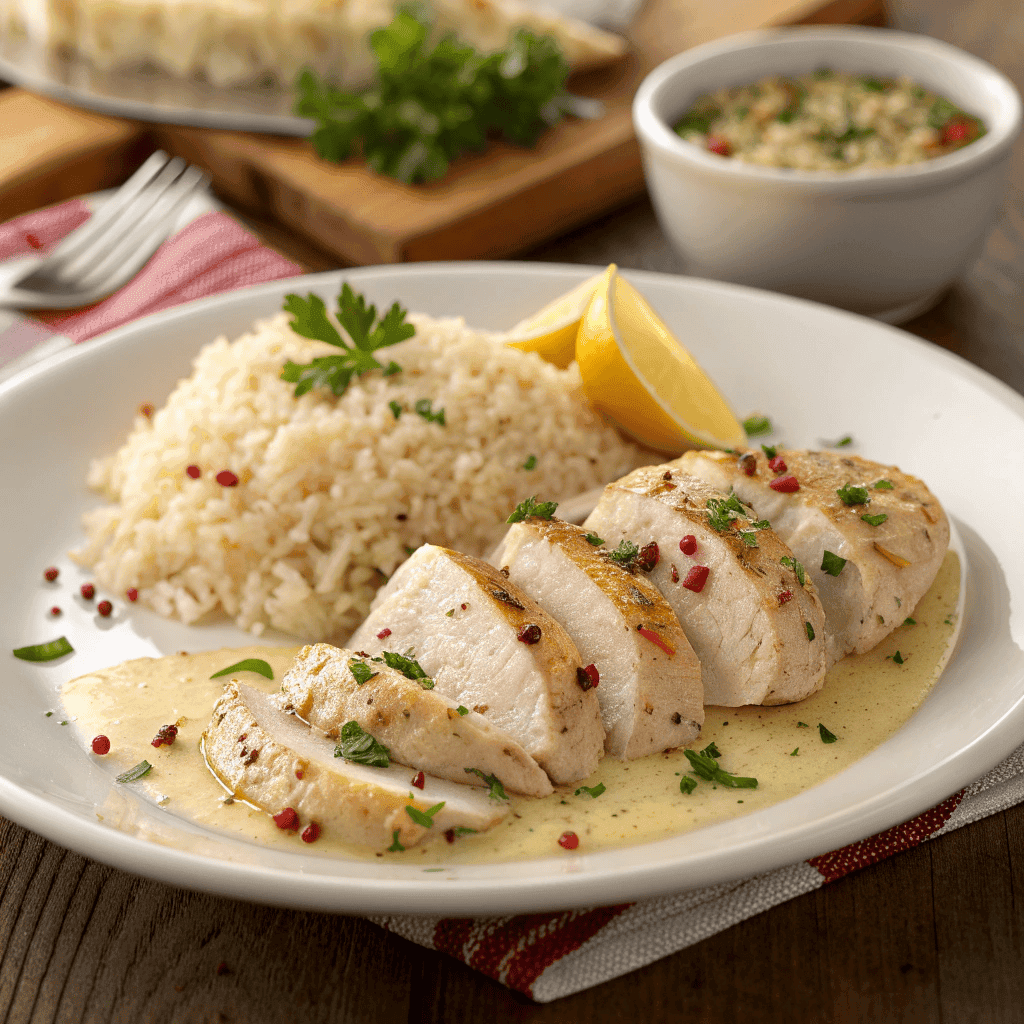 A full plate of chicken scampi with buttery garlic sauce and garlic parmesan rice