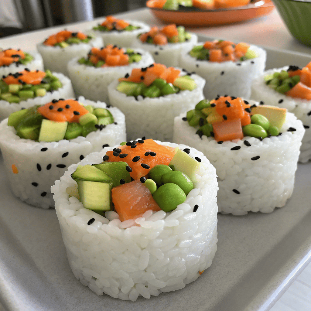 A full serving of sushi cups arranged together, showing rice cups filled with avocado, edamame, vegetables, creamy sauce, and sesame seeds