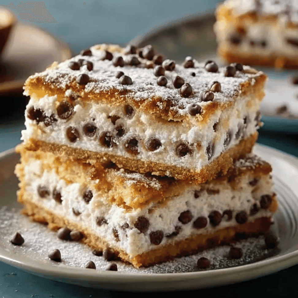 Hero shot of classic cannoli squares with flaky pastry, ricotta cream filling, chocolate chips, pistachios, and powdered sugar.