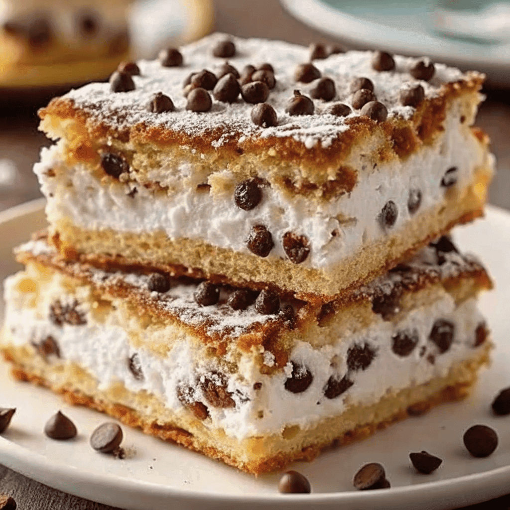 Full tray of classic cannoli squares with ricotta filling, chocolate chips, pistachios, and powdered sugar.