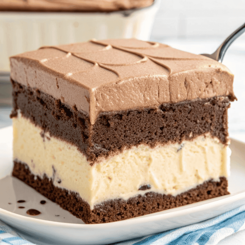 Slice of Italian Love Cake with chocolate cake base, creamy ricotta layer, and chocolate topping.