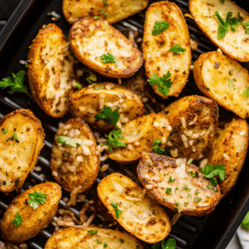 Hero shot of air fryer garlic Parmesan potatoes with crispy edges and parsley