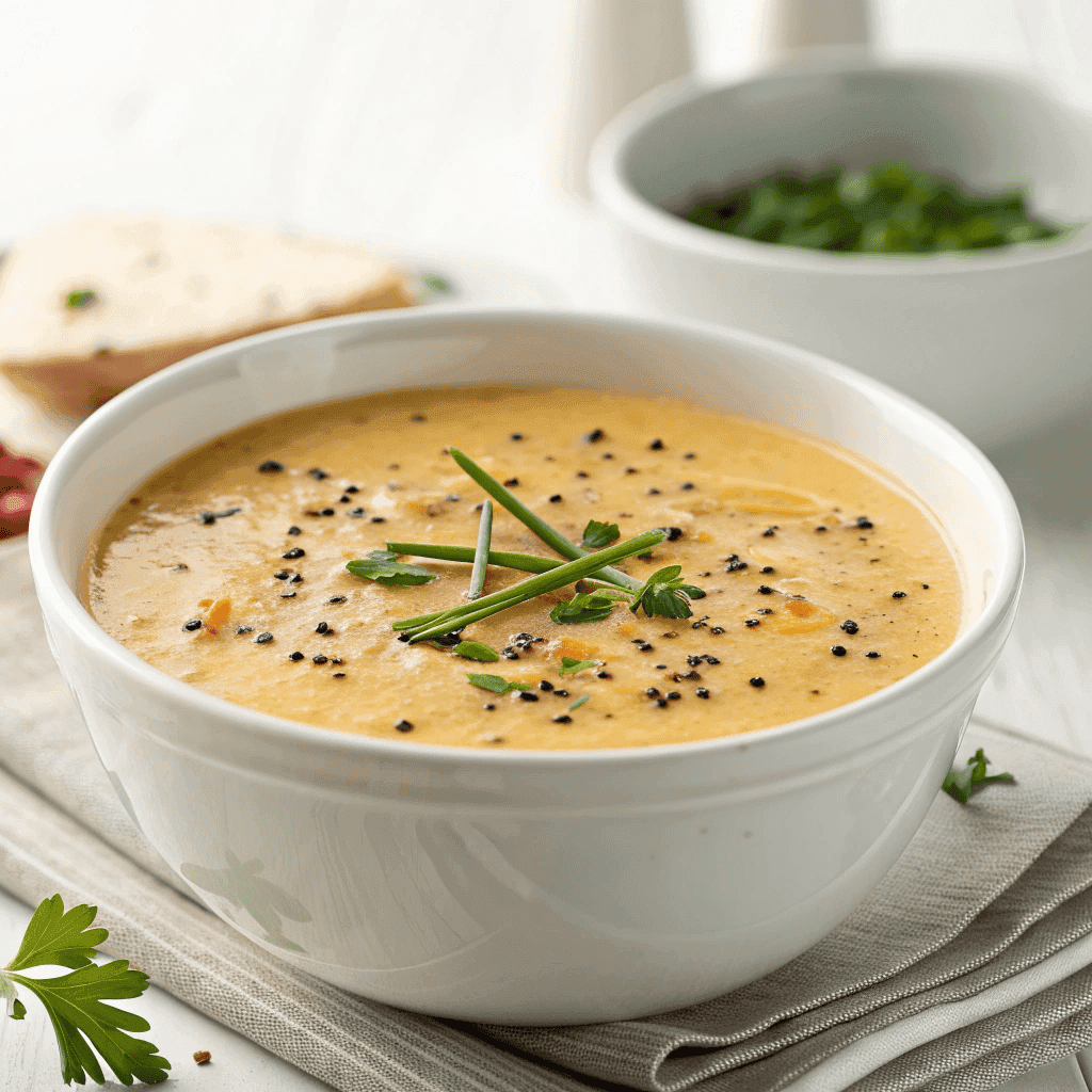 Creamy Dolly Parton’s Stampede Soup served in a white bowl with herbs and black pepper.