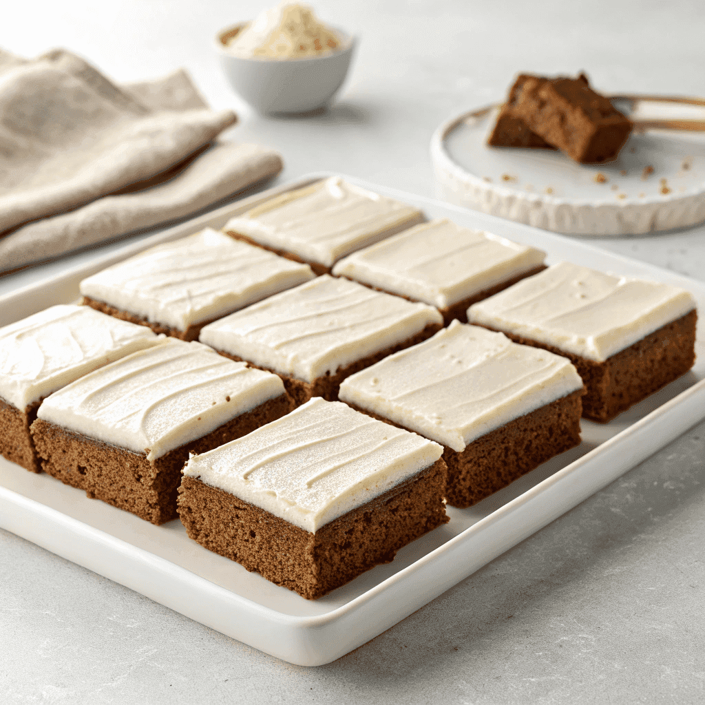 Frosted gingerbread brownies served on a white plate with thick spiced base and creamy white frosting.
