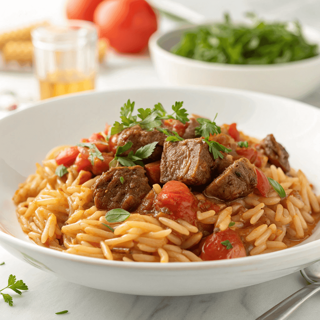 Greek beef orzo pasta served on a white plate with tender beef and rich tomato sauce.