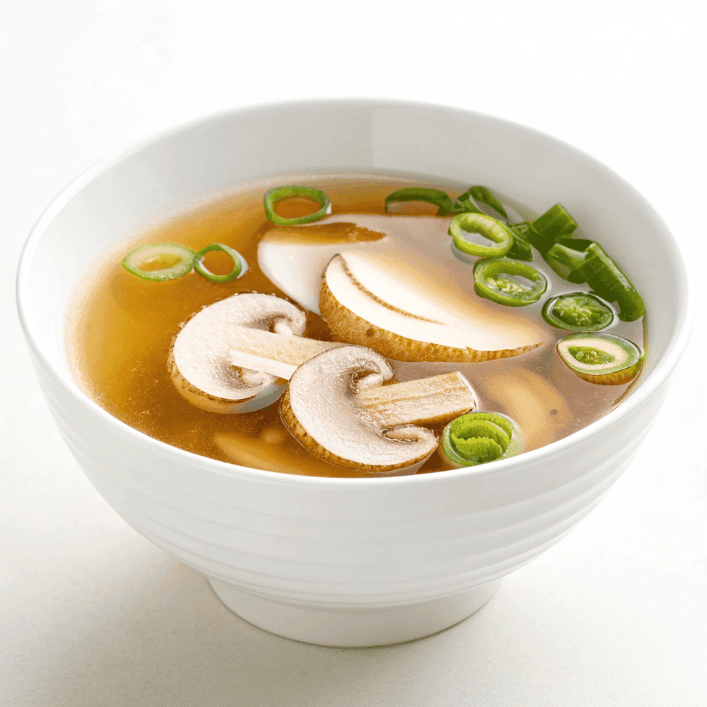 Japanese Clear Onion Soup : Light, Flavorful Hibachi-Inspired Broth 1 Japanese clear onion soup served in a white bowl with clear broth, mushrooms, and scallions.