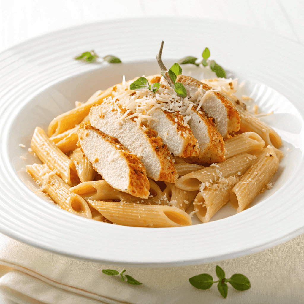 Creamy chicken penne pasta served on a white plate with parmesan cheese and herbs.