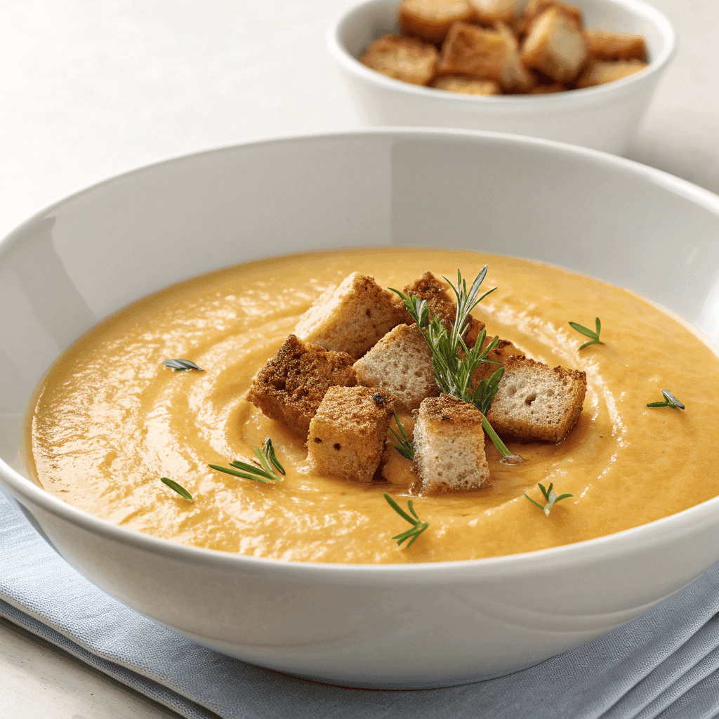 Creamy Slow Cooker Saint Nicholas Soup served in a white bowl with golden croutons and herbs.