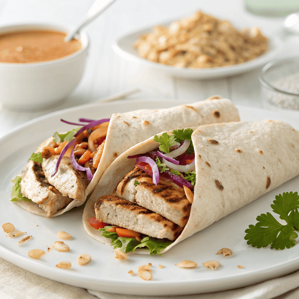 Thai chicken wrap on a white plate with grilled chicken, colorful vegetables, and peanut sauce.