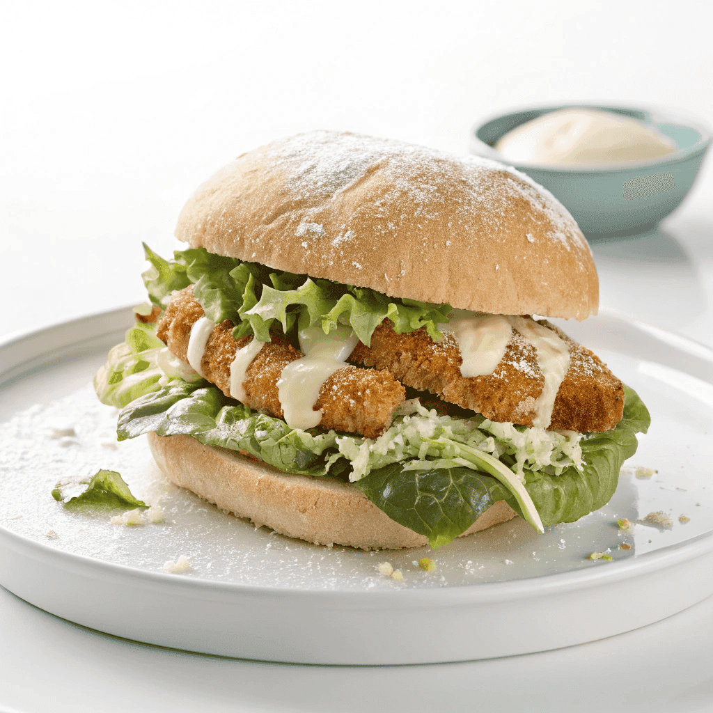 Chicken caesar sandwich on a white plate with crispy chicken, lettuce, parmesan, and dressing.
