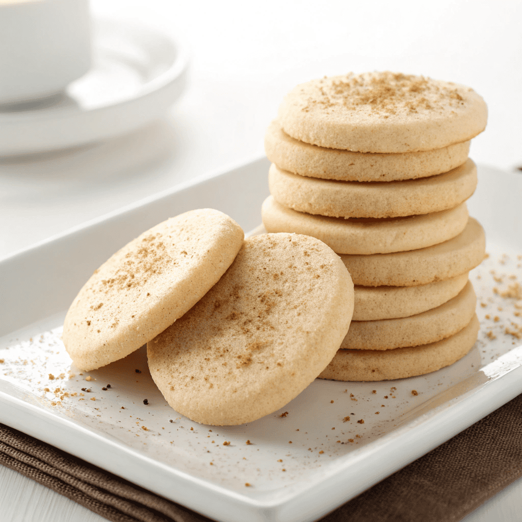 Vanilla chai shortbread cookies on a white plate with smooth tops and golden edges.