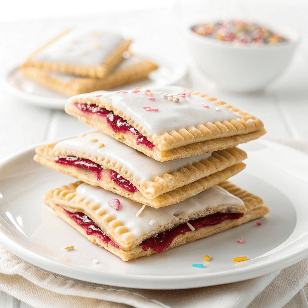 Protein-packed homemade pop tarts on a white plate showing flaky layers and berry filling.