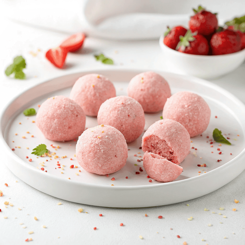 Strawberry cheesecake protein balls on a white plate with strawberry garnish.
