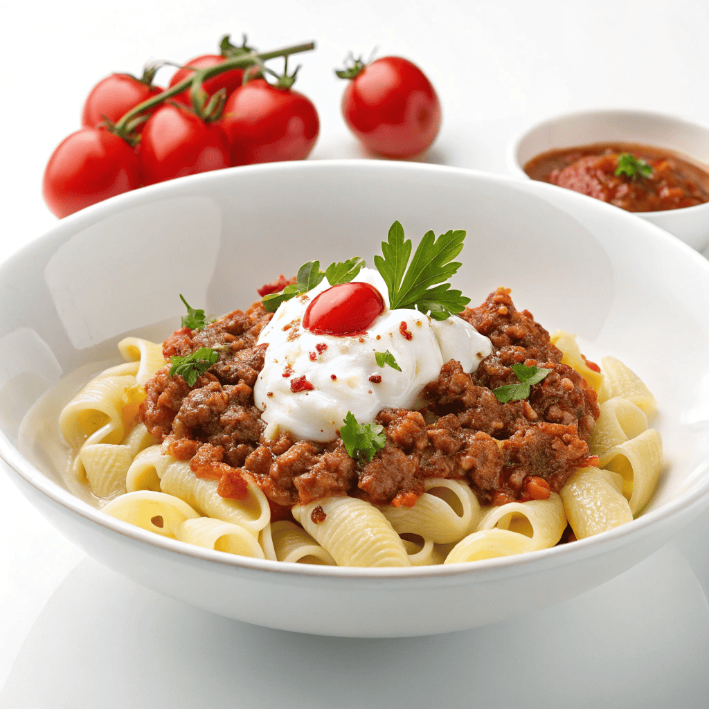 Turkish pasta on a white plate with yogurt, ground beef sauce, tomatoes, and chili butter.
