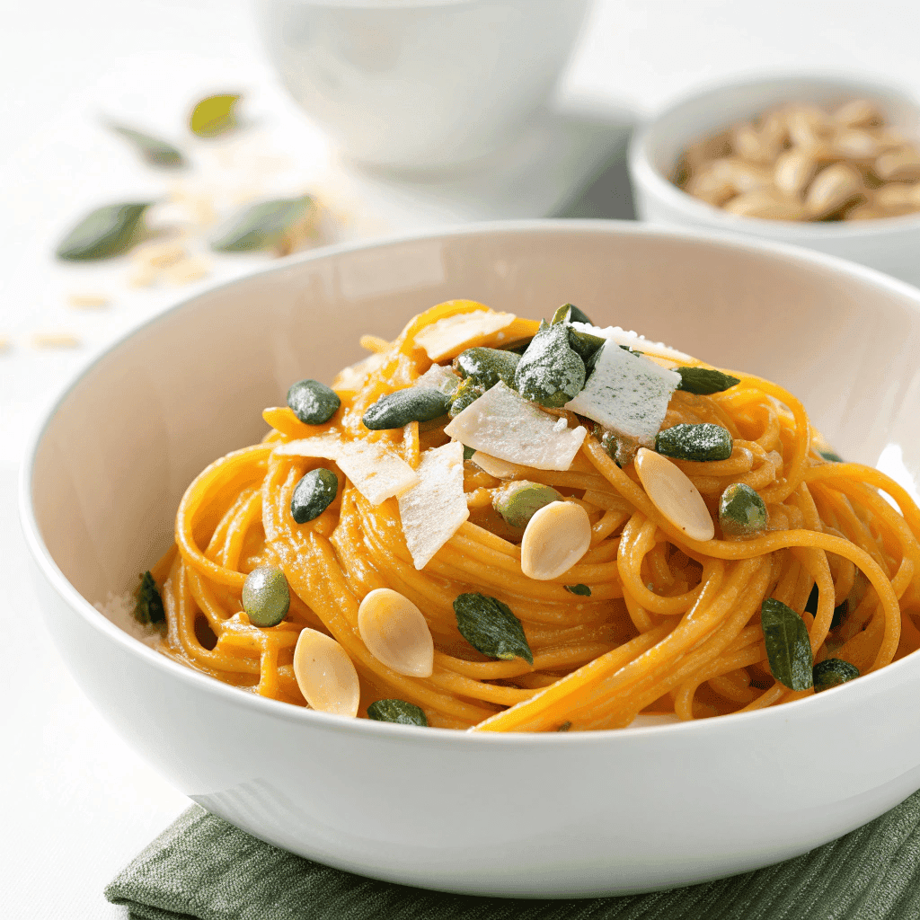 Butternut squash pasta on a white plate with creamy sauce, pumpkin seeds, and parmesan.