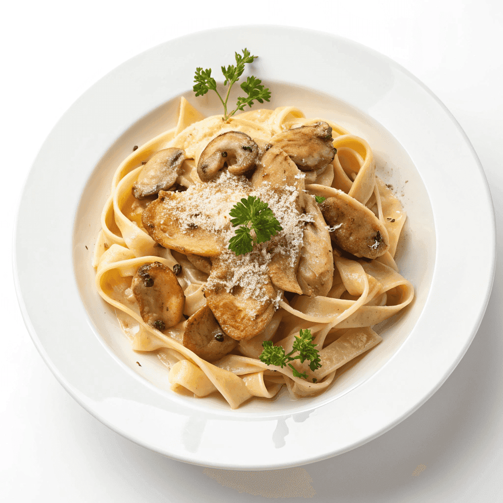 Chicken marsala pasta on a white plate with creamy sauce, chicken, and mushrooms.
