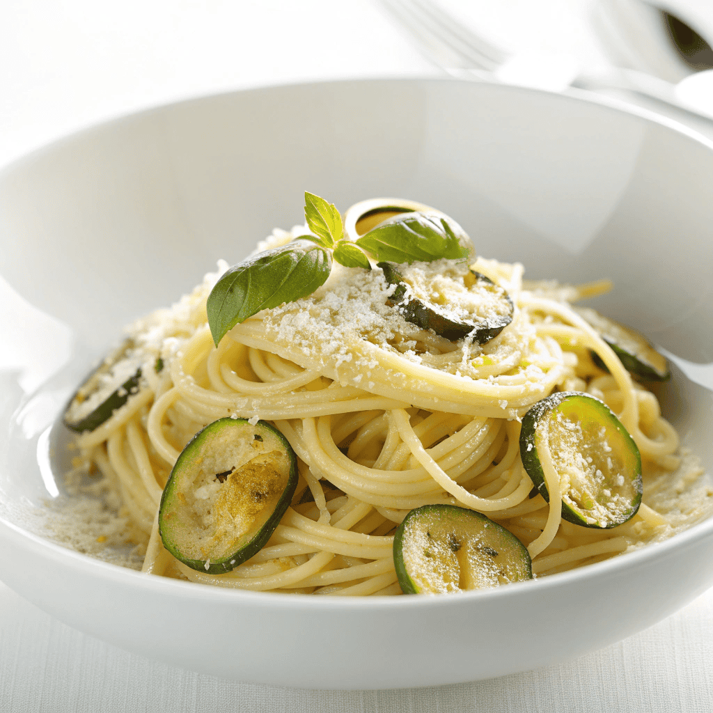 Spaghetti alla Nerano on a white plate with creamy sauce, zucchini, and grated cheese.