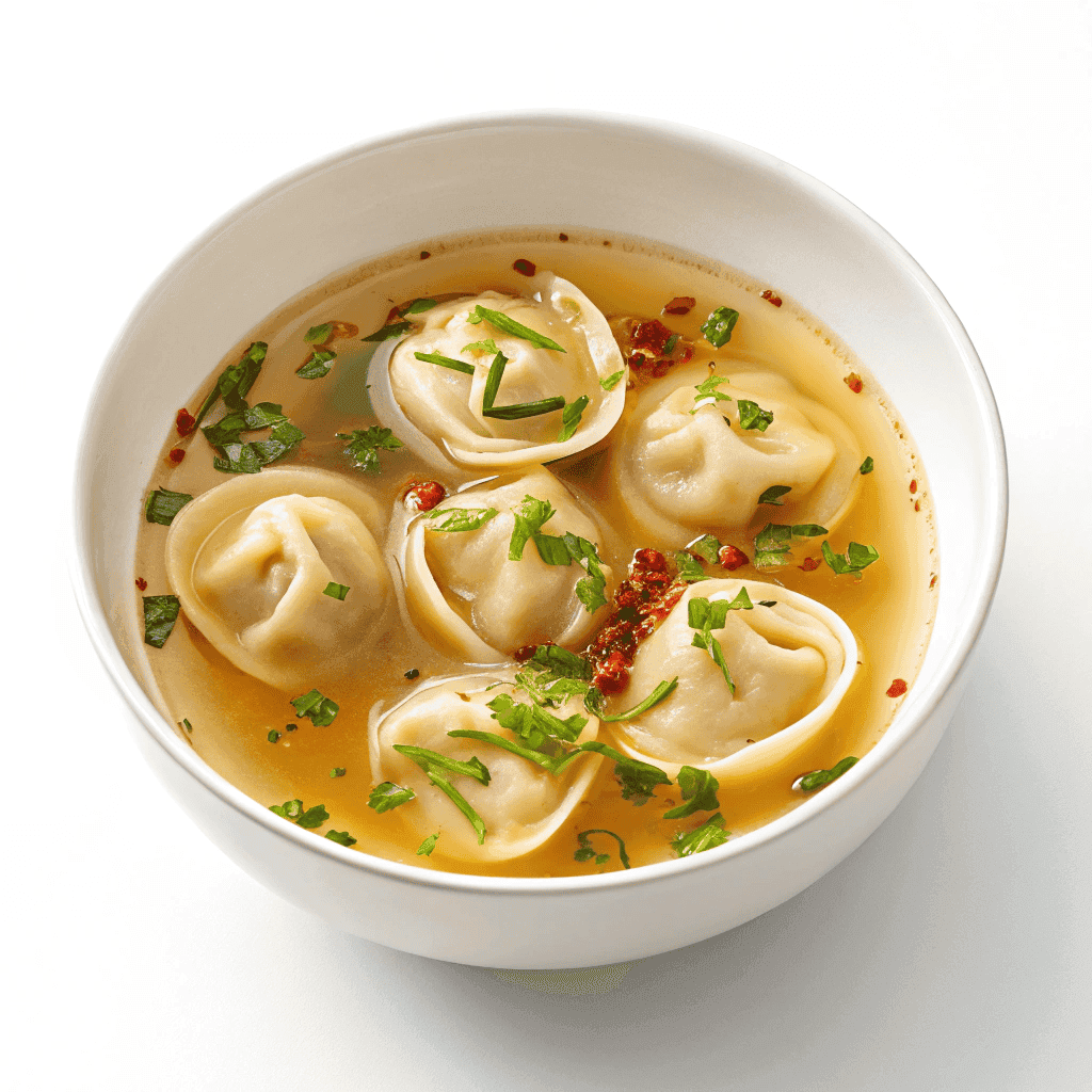Sherpa soup in a white bowl with dumplings and clear golden broth.