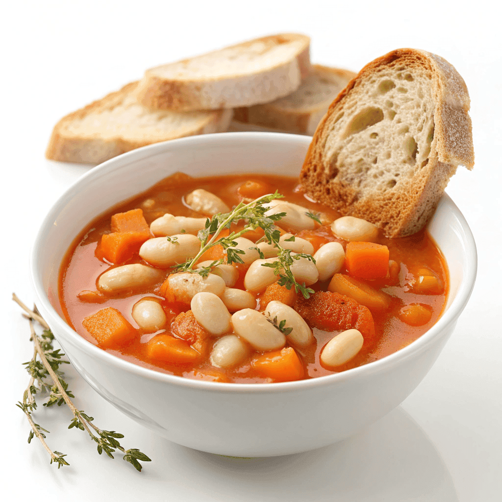 Fasolada Greek soup in a white bowl with white beans and tomato broth.