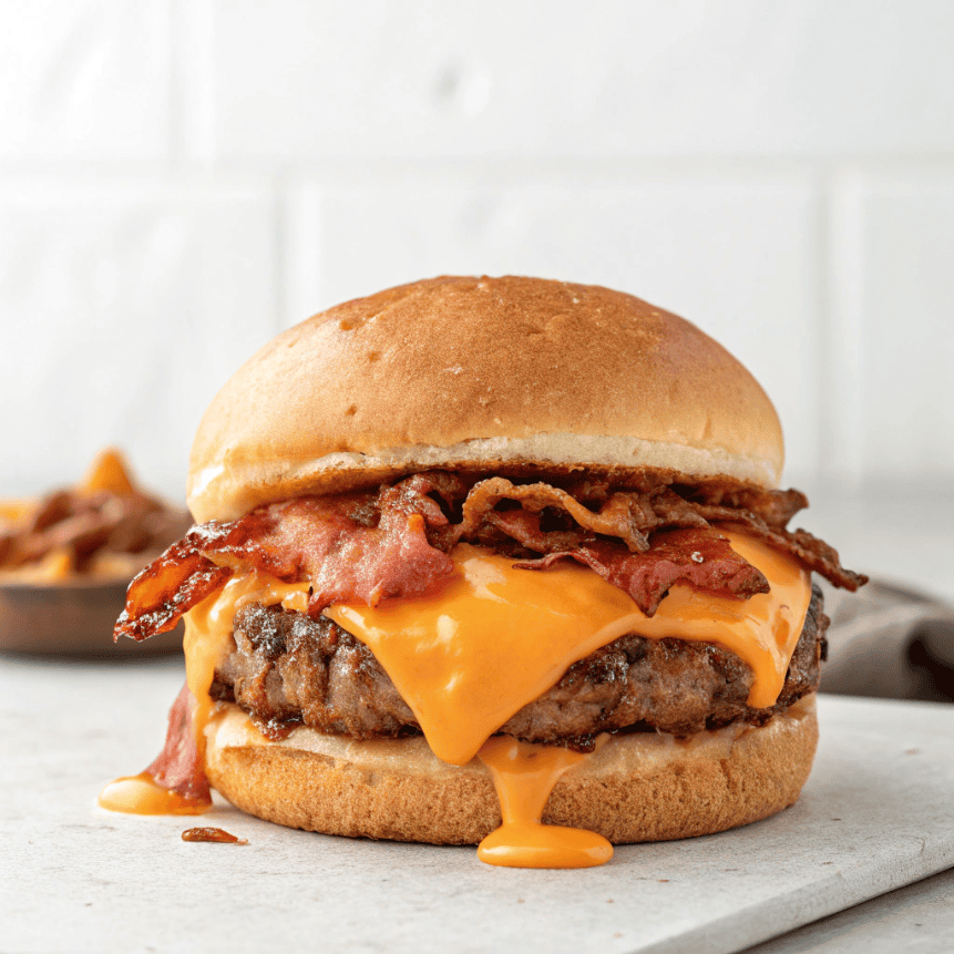 Cheesy crack burger with bacon and sauce on a clean white background.