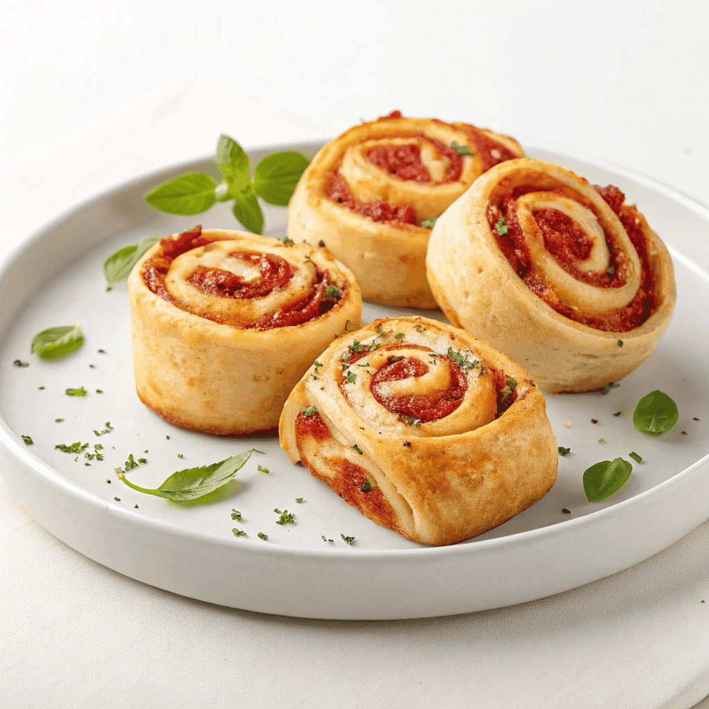 Golden pepperoni pizza rolls with melted cheese served on a clean white plate.