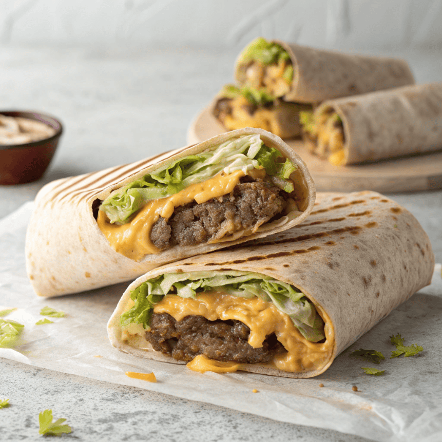 Homemade Big Mac wrap with beef, cheese, and sauce on a clean white background.