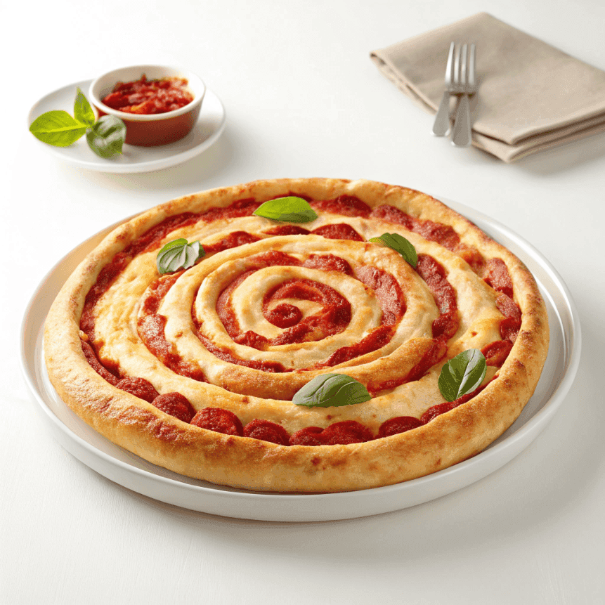 Cheesy Pepperoni Pizza Spiral Roll | Easy Pizza Bread 4 Golden pepperoni-stuffed pizza spiral with melted cheese and basil on a plate.