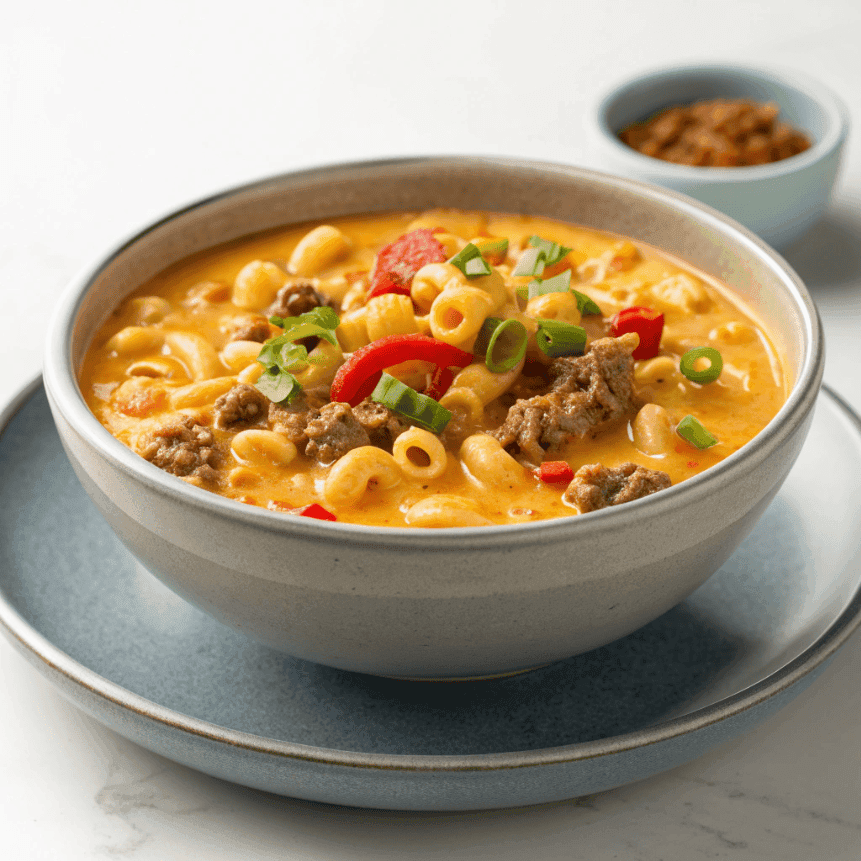 One-pot cheeseburger macaroni soup with creamy cheese broth on a clean background.