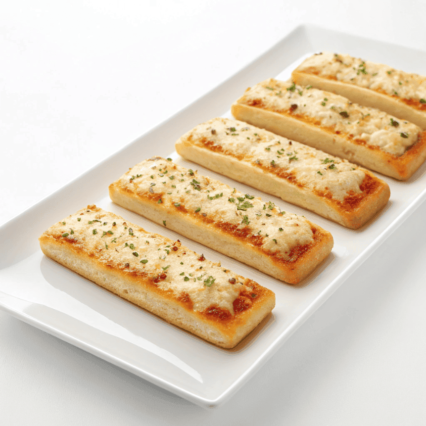 Pizza-style cheese sticks with golden melted cheese on a clean white background.
