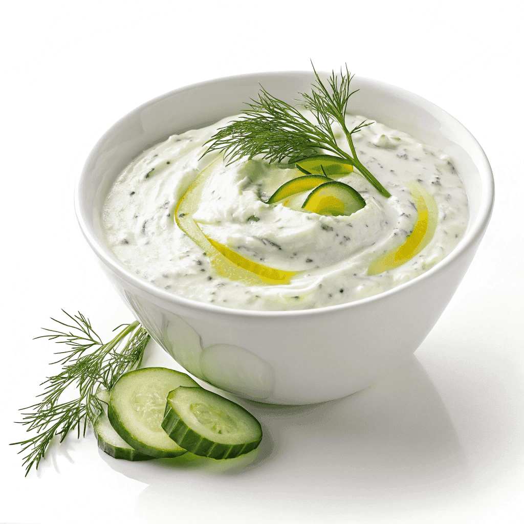 Creamy tzatziki sauce with cucumber and dill served in a white bowl on a clean white background.