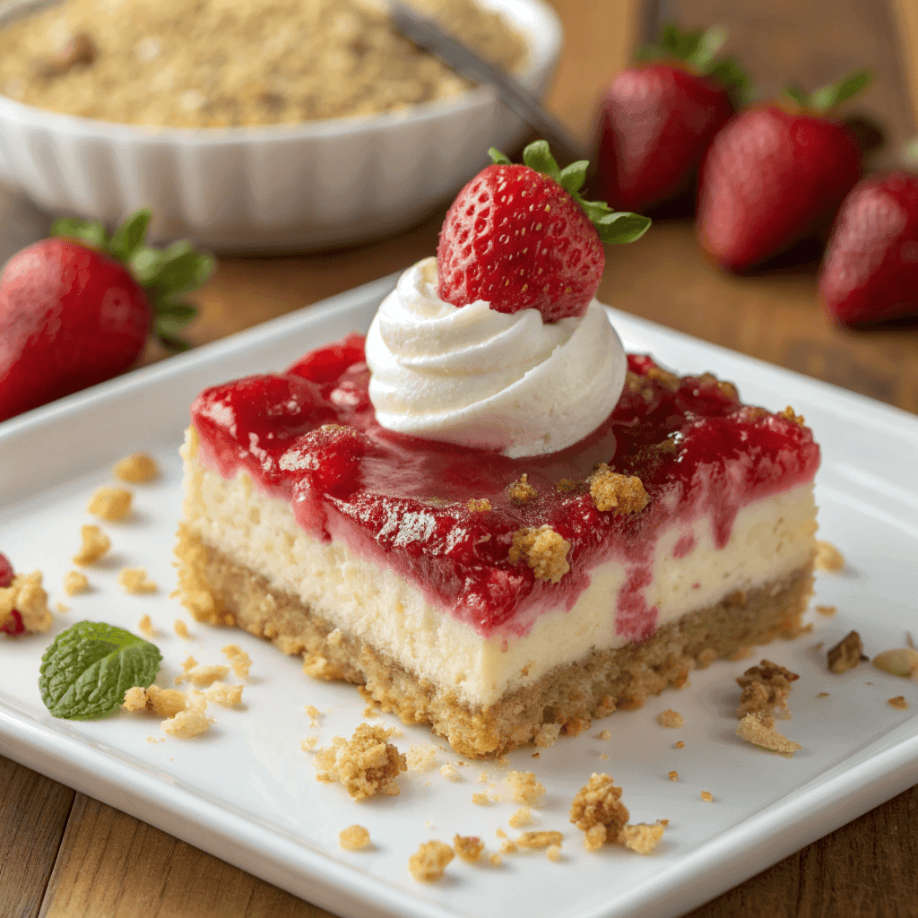 Strawberry cheesecake dump cake slice with whipped cream and fresh strawberry on top